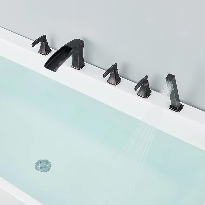 Waterfall Roman Tub Faucet Bathtub Faucets Oil Rubbed Bronze Deck Mount Tub Filler 5 Hole Brass Bathroom Faucets with Hand Shower
