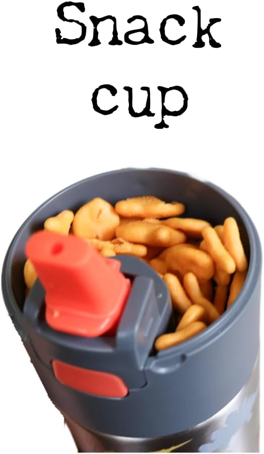 Kids insulated water bottle with straw and snack cup. Double wall stainless steel 14oz (blue and black astronaut)