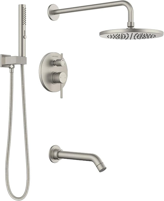 Lava Odoro Modern 3-Setting Round Rain Bathtub and Shower Faucet Set, Brushed Nickel Rainfall Shower Head and Handle Set, Rain Shower System with Tub Spout, Shower Valve Trim Kit, SF104-BN-T