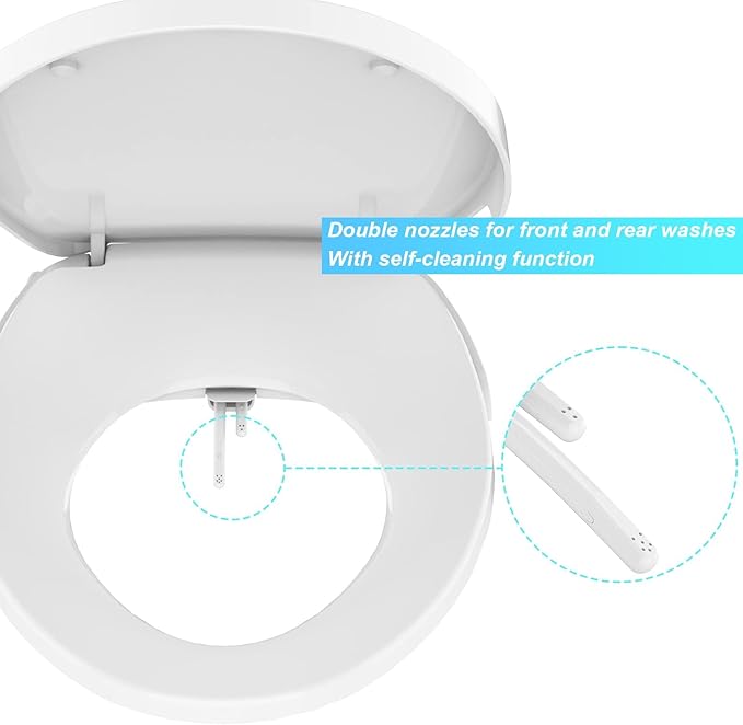 Bidet Toilet Seat for Elongated Toilet, Dual Nozzle Self-Cleaning PP Bidet Attachment, Non-Electric Feminine Hygiene Toilet Seat Cover for Women, Easy Install, White, 19 Inch