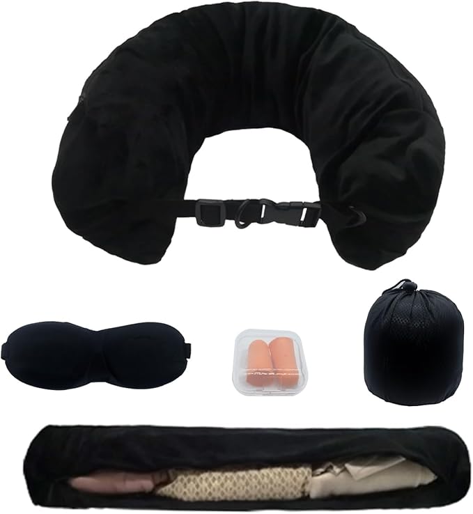 Stuffable Neck Pillow for Travel，Stuffable Travel Pillow，Travel Neck Pillow Stuffable with Clothes Transforms Into Extra Luggage without Excess Fees（with Eye Masks, Earplugs and Storage Dag）