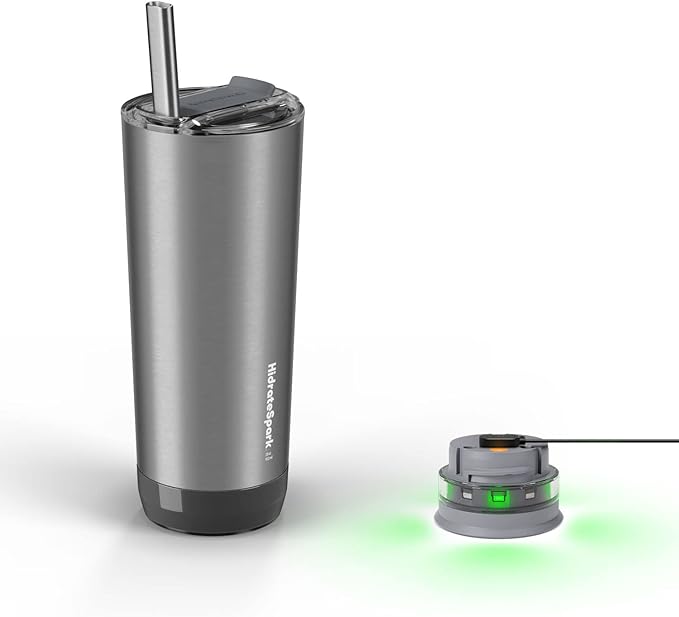 HidrateSpark PRO Smart Tumbler Bundle – Insulated Stainless Steel – Tracks Water Intake with Bluetooth, LED Glow Reminder When You Need to Drink – 20oz, Brushed Stainless Steel + 3 Straws