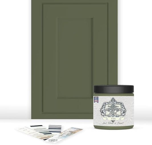 ALL-IN-ONE Paint, Durable cabinet and furniture paint. Built in primer and top coat, no sanding needed. Includes our 30 featured color card - Crete (olive green), 8oz Sample