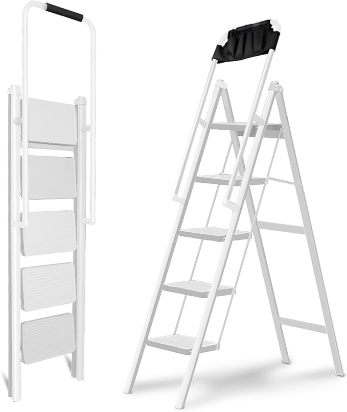 Double Elite Step Ladder 5 Step Folding with Handrails, Safer 5 Step Ladders for Home, Convenient Folding Step Stool with Tool Bag, Sturdy Indoor/Outdoor Ladder for Adults Anti-Slip Pedals, White