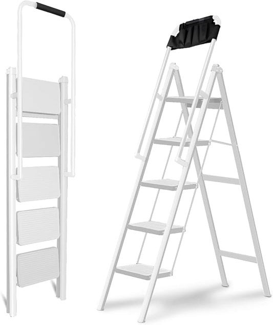 Double Elite Step Ladder 5 Step Folding with Handrails, Safer 5 Step Ladders for Home, Convenient Folding Step Stool with Tool Bag, Sturdy Indoor/Outdoor Ladder for Adults Anti-Slip Pedals, White