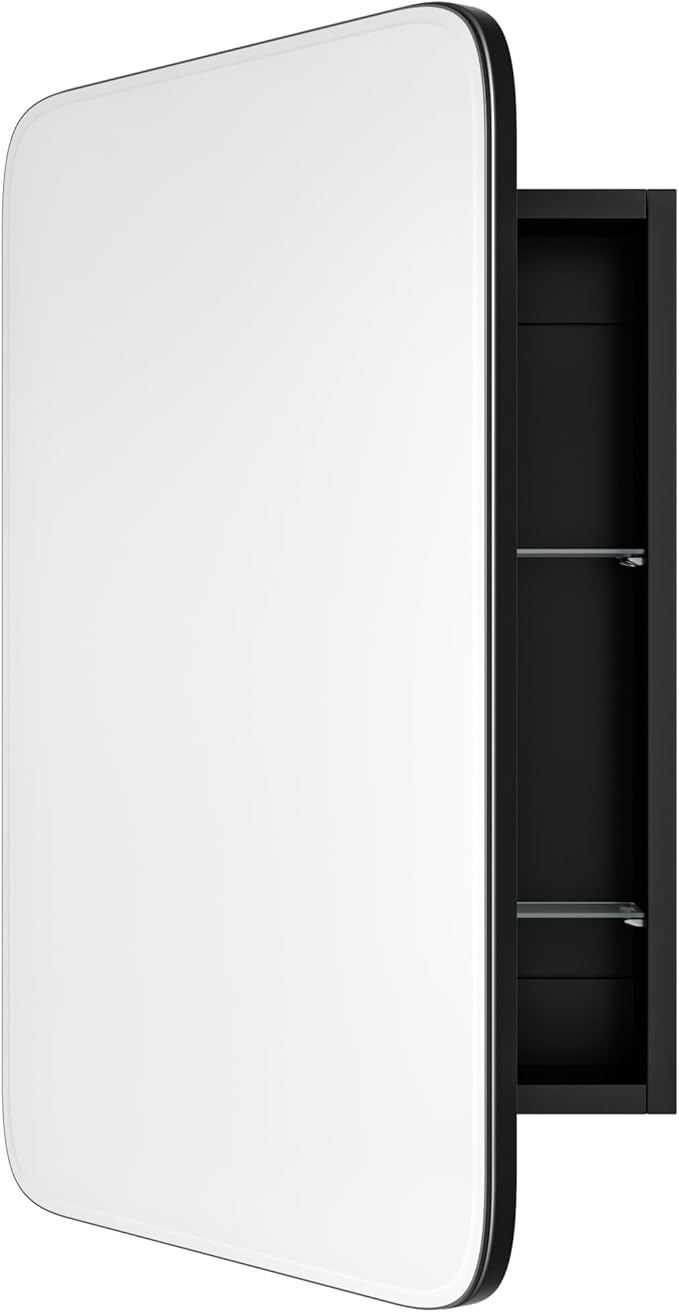 Vintage-Style Bathroom Wood Black Cabinet with 16.5''x24'' Curved Mirror, Recessed Medicine Cabinet, Bathroom Storage Cabinet