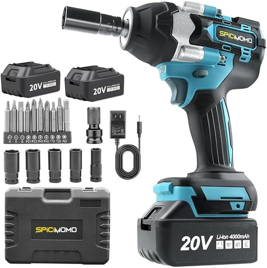 Cordless Impact Wrench 1/2 Inch - 600N.m Battery Powered High Torque Impact Gun with 2 Packs 4.0Ah Batteries, Electric Impact Driver/Drill for Auto Repair, Home DIYers and Mechanics