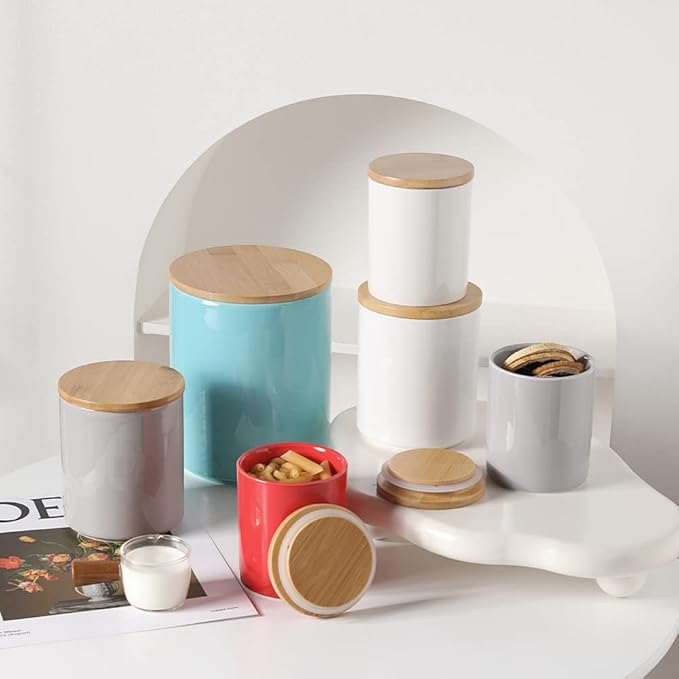 Sweejar Kitchen Canisters Ceramic Food Storage Jar Set, Stackable Containers with Airtight Seal Bamboo Lid for Serving Ground Coffee, Tea,Grains, Herbs,Sugar, Salt and More - Pack of 4（Turquoise）