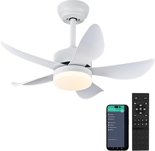 Ceiling Fans with Lights,Modern Dimmable LED Ceiling Fan,32" White Low Profile Ceiling Fan with Light Small Ceiling Fan for Bedroom Kitchen Patio Outdoor,3 Color Changing,Reversible