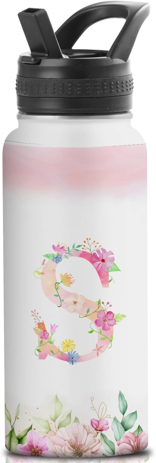 Personalized 32oz Water Bottle with Straw Customized Initial Letter Sport Bottles Monogrammed Initial Insulated Bottle Coffee Mug for Travel (S)