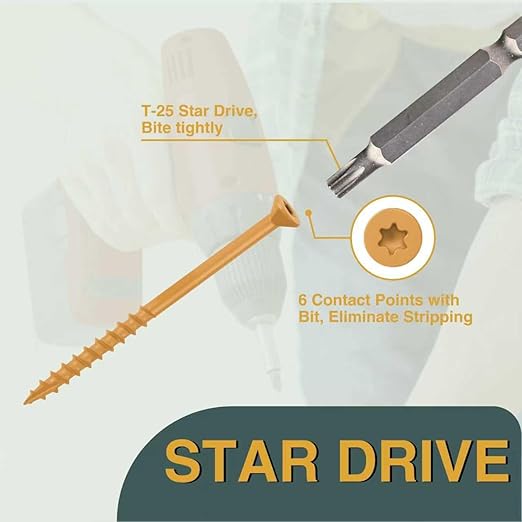 T.K.Excellent Deck Screws 3-1/2 Inch Wood Screws #10 x 3-1/2, 330 Pcs, Rust Resistant Structural Fence Screws Torx Drive Screw, Two T25 Bits, Brilliant Yellow Ruspert Coating Rust Proof