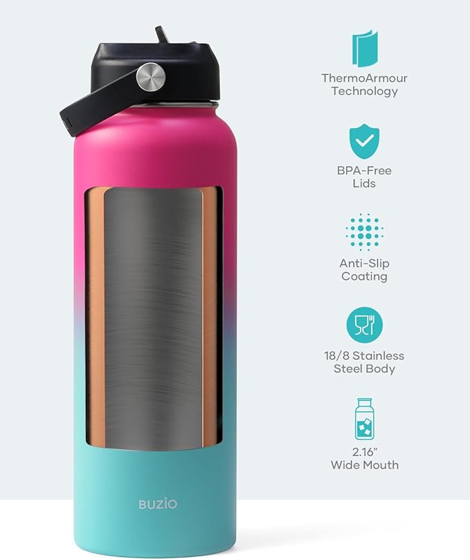BUZIO Stainless Steel Water Bottle, 40oz Vacuum Insulated Double Wall Leak Proof Sports Water Bottle with Straw Lid and Flex Cap for Gym Travel Camping, Rose and Green