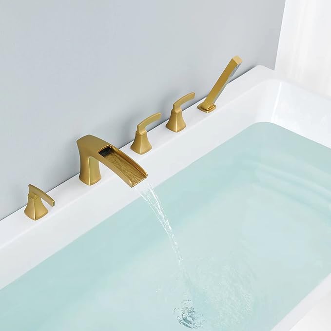 Roman Tub Faucet Waterfall Tub Filler Brushed Gold Deck Mount Bathtub Faucets 5 Hole Brass Bathroom Faucets with Hand Shower