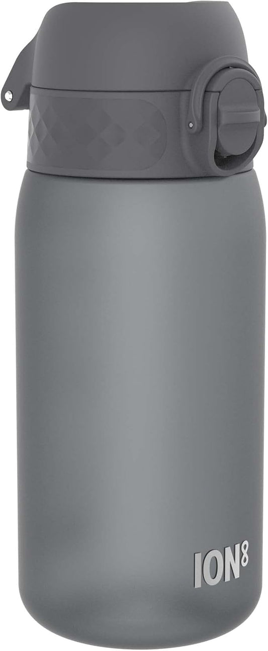 Ion8 Small Water Bottle, 350 ml/12 oz, Leak Proof, Easy to Open, Secure Lock, Dishwasher Safe, BPA Free, Carry Handle, Hygienic Flip Cover, Easy Clean, Odor Free, Carbon Neutral, Grey