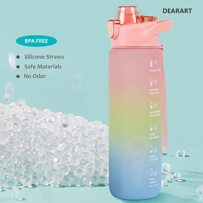 DEARART 32oz Multi Pink Water Bottle, Detachable Straw Wide Mouth Motivational & Time Marker with Handle Easy Carried, Flip Up Lid Lock Feature, Suit Travel Office Yoga Gym School Work etc.