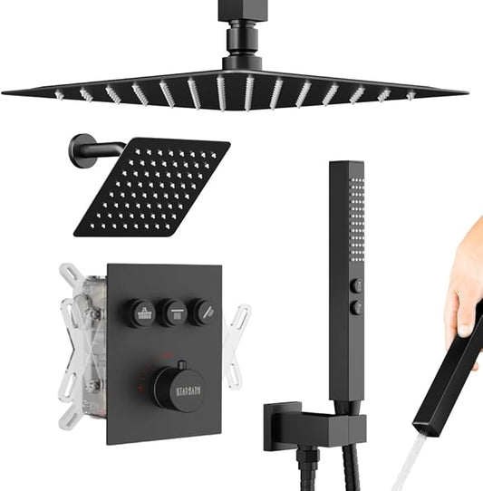 Thermostatic Shower Systems Matte Black Shower Faucets Sets, STARBATH 12+ 8" Wall Mount Rain Shower and 2 in 1 Handhled, Can Use All at Once, Push Button 3 Modes Valve and Trim Kit Complete Shower Set