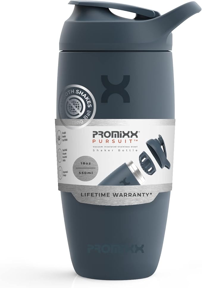 Promixx Pursuit Shaker Bottle Insulated Stainless Steel Water Bottle and Blender Cup, 18oz, Midnight Blue