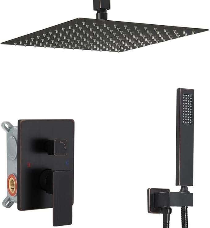 Oil Rubbed Bronze Shower System Bathroom 16 Inch Rain Shower Head Ceiling Mount with Handheld Luxury High Pressure Shower Combo Set Shower Faucet Rough-in Valve Body and Trim Included