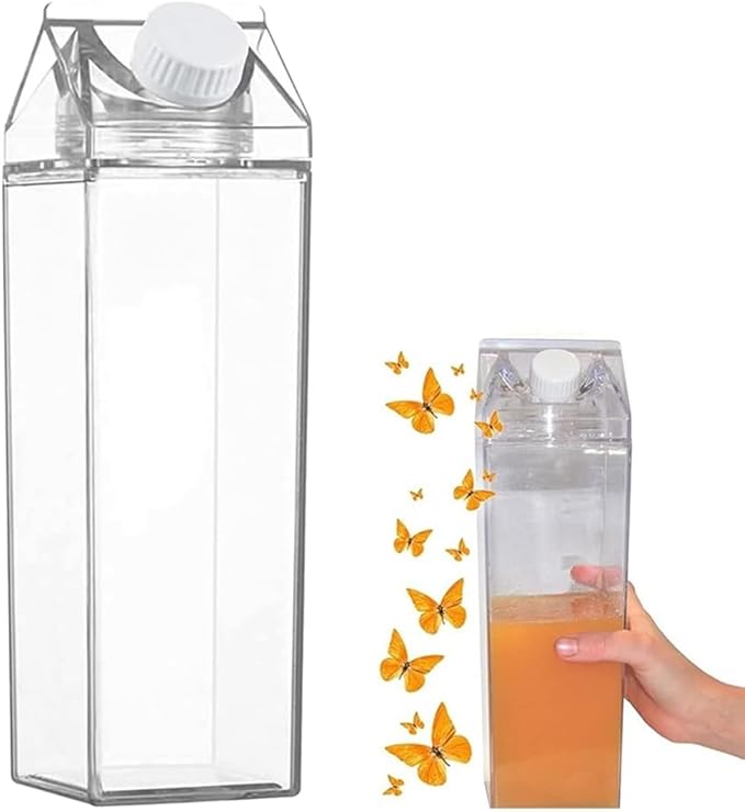 Milk Carton Water Bottles 34oz/1000ml Leak Proof Plastic Water Bottle Reusable BPA Free Sports Water Bottle Carton Shaped Juice Milk Bottle for Gym Camping Hiking Travel Sports, Dishwasher Safe