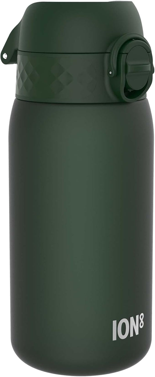 Ion8 Small Water Bottle, 350 ml/12 oz, Leak Proof, Easy to Open, Secure Lock, Dishwasher Safe, BPA Free, Carry Handle, Hygienic Flip Cover, Easy Clean, Odor Free, Carbon Neutral, Dark Green