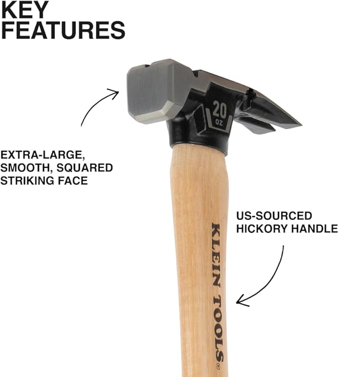 Klein Tools H80920HS Smooth Face Hammer with Straight Claw, 20-Ounce Forged Steel, Hickory Handle, California Framing Style, Magnetic Nail Starter, and Extra-Large Squared Strike Face