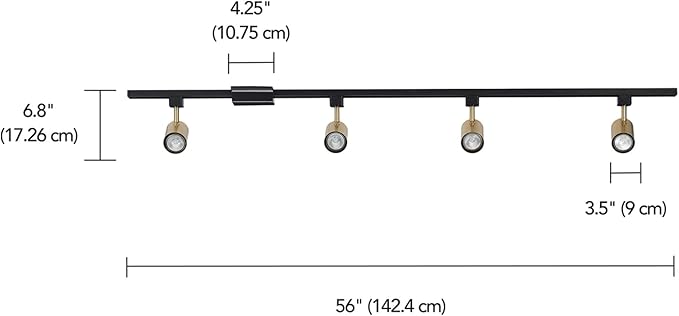 Globe Electric Tribeca 56 Inch Matte Black 4-Light Adjustable Track Ceiling Lighting Kit Fixture with Brass Cylindrical Track Heads, Ideal for Kitchen Island, Compatible with LED Bulbs, 64000009