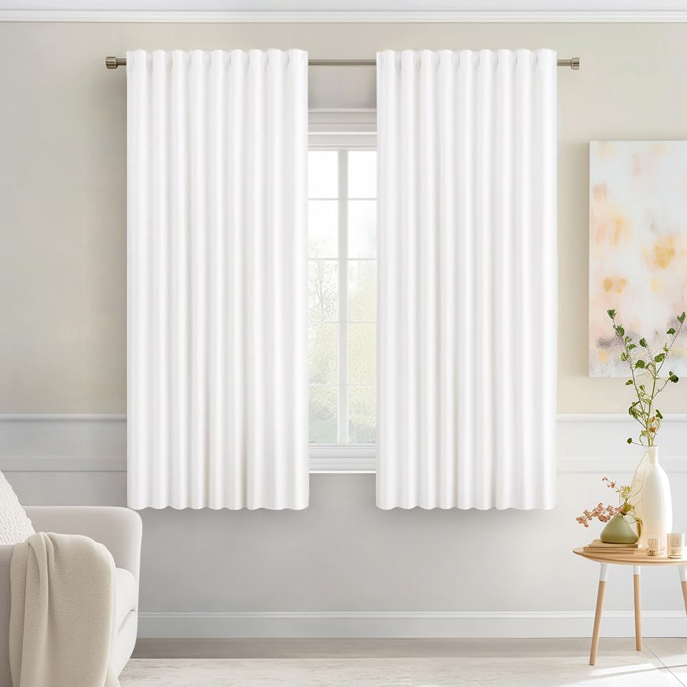 MIULEE Pure White Back Tab Light Blocking Curtains 63 Inch Length 2 Panels Set for Living Room Bedroom Privacy, Rod Pocket/Pinch Pleat Thermal Insulated Room Darkening Pleated Blackout Drapes