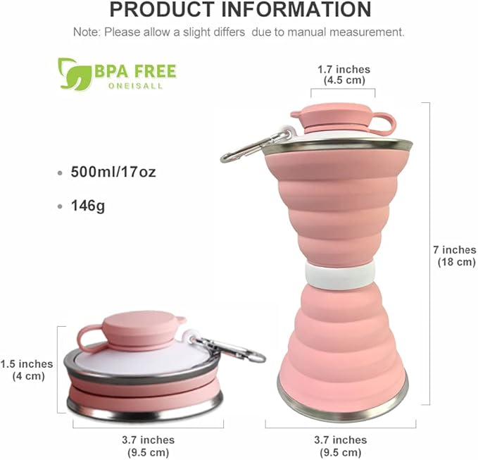 Collapsible Water Bottle, Camping Cup With Carabiner, Reuseable Silicone Foldable Leak Proof Portable Sports Travel Water Bottles For Outdoor, Travel Gym Hiking, BPA Free, Cycling Cups with Carabiner