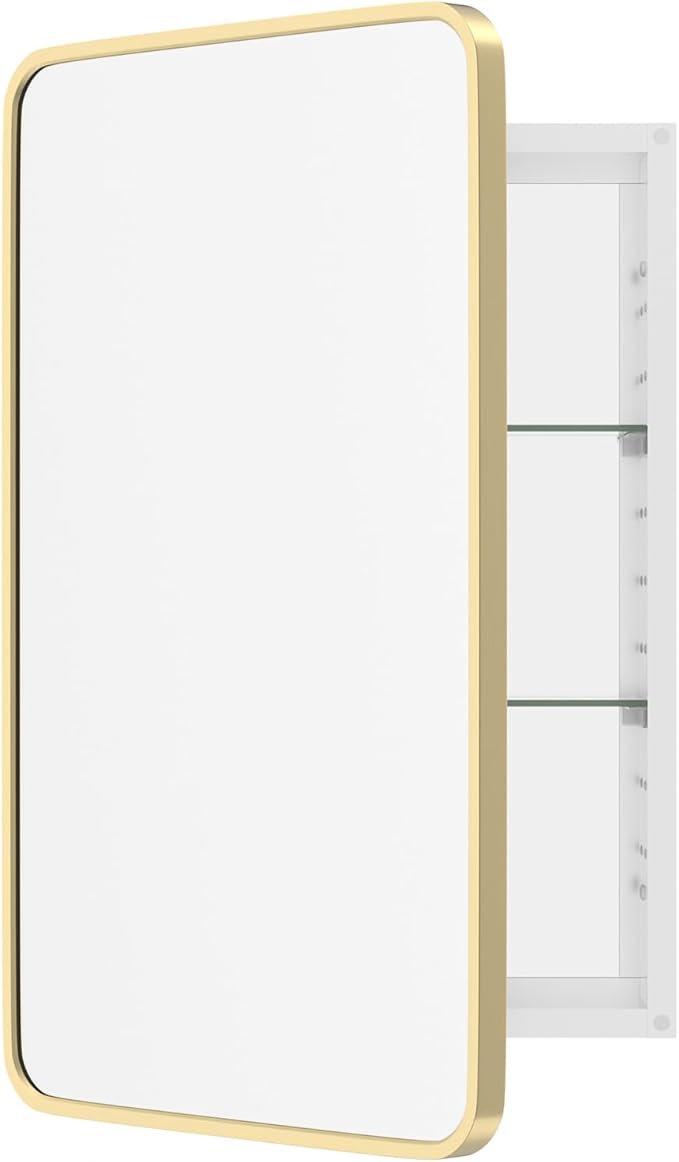 WallBeyond WallByond Bathroom Medicine Cabinet with Mirror, 19x30 Inch Gold Recessed Medicine Cabinet with Round Corner Aluminum Alloy Metal Framed, Single Door Modern MedicineMabinet with Storage