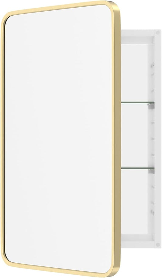 WallBeyond WallByond Bathroom Medicine Cabinet with Mirror, 19x30 Inch Gold Recessed Medicine Cabinet with Round Corner Aluminum Alloy Metal Framed, Single Door Modern MedicineMabinet with Storage