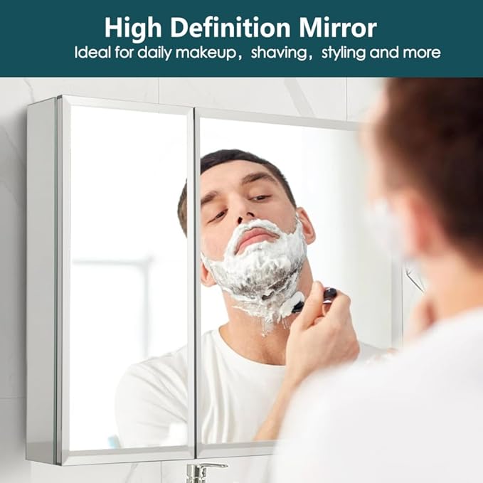 Double Doors Medicine Cabinet with Mirror, 30 inch X 26 inch Aluminum Bathroom Medicine Cabinet, Adjustable Glass Shelves, Waterproof and Rust-Resist, Recess or Surface Mount Installation,Silver