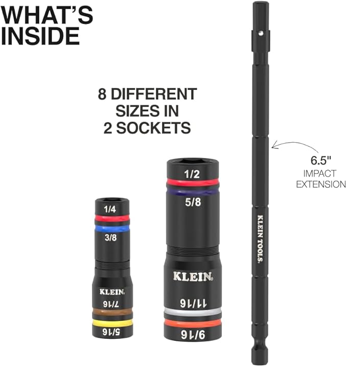 Klein Tools 652QS Quad Socket, 8 Sizes in 2 Sockets, 4-in-1 Color Coded SAE Impact Rated, Deep-Well Heavy-Duty, 1/4-Inch Drive, 6-1/2-Inch Shaft