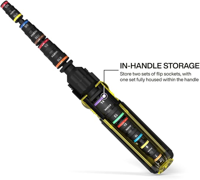 Klein Tools 32914HD 14-in-1 Impact Rated Flip Socket Set, SAE and Metric Sizes, Magnetic Socket Set with 12 Hex Drivers and Bit Holder, Cushion-Grip Handle