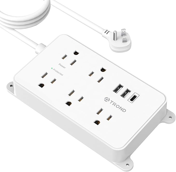 TROND Power Strip with USB, 10ft Extension Cord Surge Protector, 5 Widely Spaced Outlets with 3 USB Ports, ETL Listed, 1300J, Low-Profile Flat Plug, Wall Mountable, White