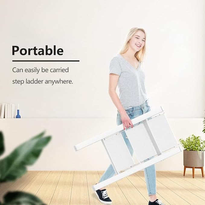 Step Ladder 3 Step Folding, Small Step Stool for Adults, Portable Anti-Slip Iron Stepladder with Wide Pedals for Home and Kitchen Use, Space Saving - White (300 lbs)