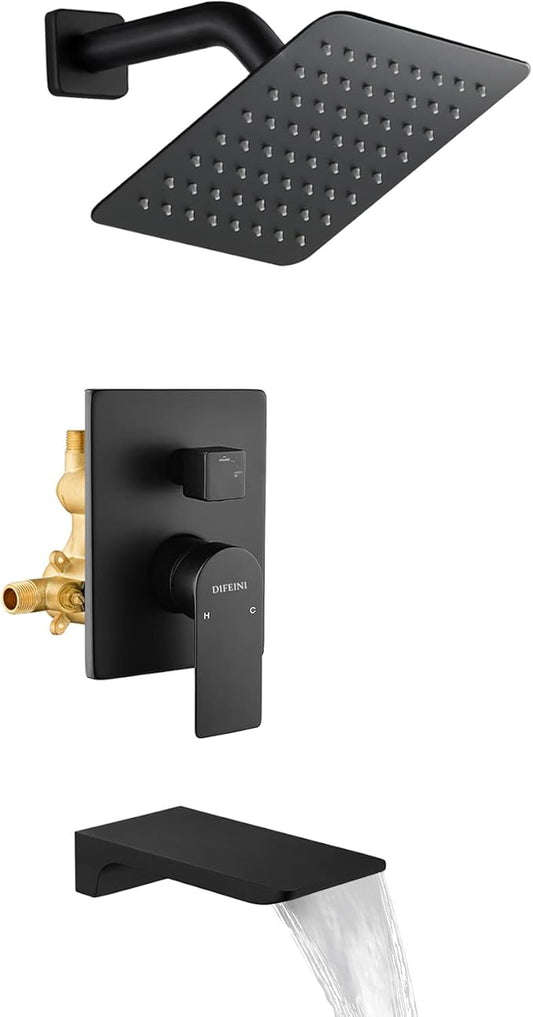 Tub and Shower Faucet Set Matte Black Shower System Trim Kit with Rough in Valve Shower Tub Kit Combo Wall Mount 33019B