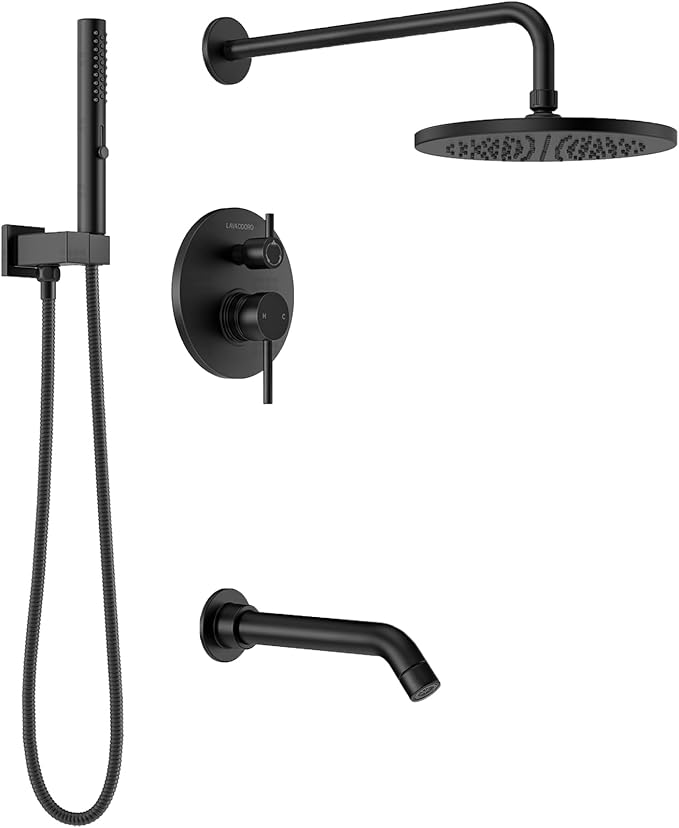 Lava Odoro Modern 3-Setting Round Rain Bathtub and Shower Faucet Set, Black Rainfall Shower Head and Handle Set, Rain Shower System with Tub Spout, Shower Valve Trim Kit, Matte Black, SF104-MB-T