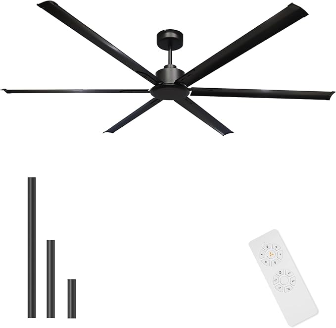 GESUM 84 Inch Ceiling Fans with Remote Control, Industrial Ceiling Fan with 6 Aluminum Blades, Reversible, 6-Speeds, Large Ceiling Fan for Porch/Garage/Shop (Black)