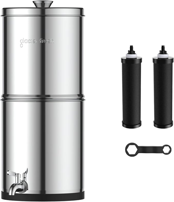 GLACIER FRESH Gravity-fed Water Filter System, Stainless Steel 2.25G Gravity Water Filter with 2 Black Carbon Filters and Metal Spigot, for Home, Camping, and RVing