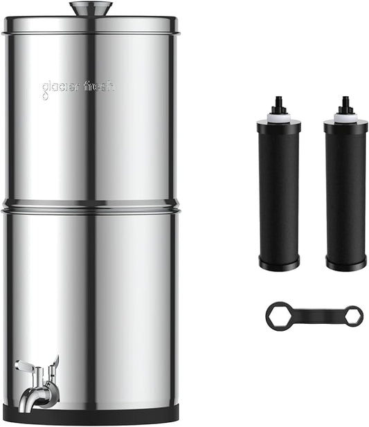 GLACIER FRESH Gravity-fed Water Filter System, Stainless Steel 2.25G Gravity Water Filter with 2 Black Carbon Filters and Metal Spigot, for Home, Camping, and RVing