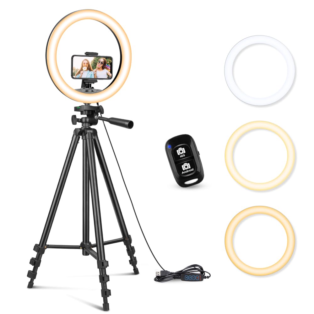 Sensyne 10'' Ring Light with 50'' Extendable Tripod Stand, LED Circle Lights with Phone Holder for Live Stream/Makeup/YouTube Video/TikTok, Compatible with All Phones