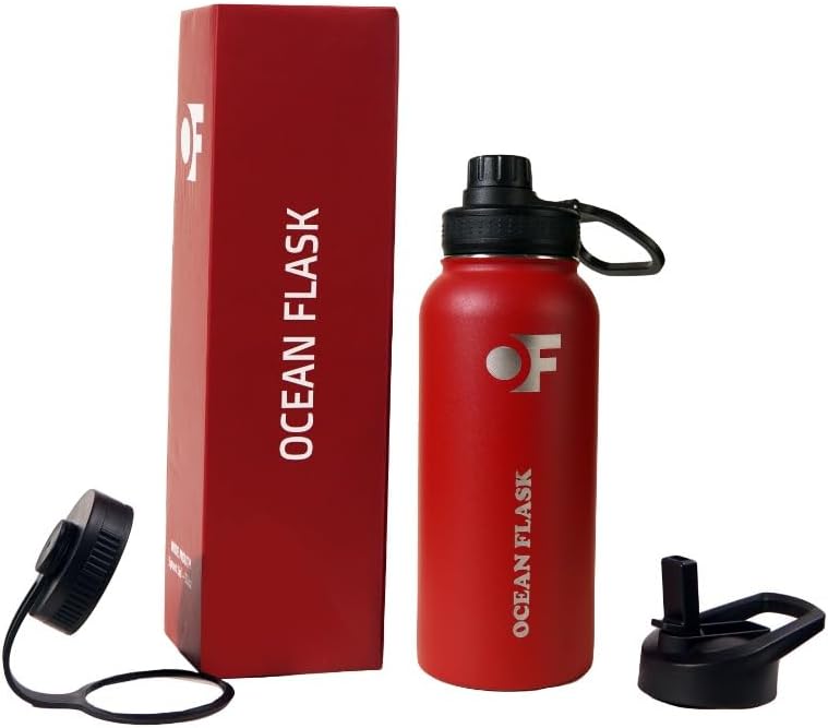 Sports Water Bottle - 32 Oz 3 Lids Straw Lid Leak Proof (Straw, Spout and Handle Lid)- Stainless Steel Sport and Gym, Travel Bottles for Men, Women -Insulated Thermos (Fire Red)