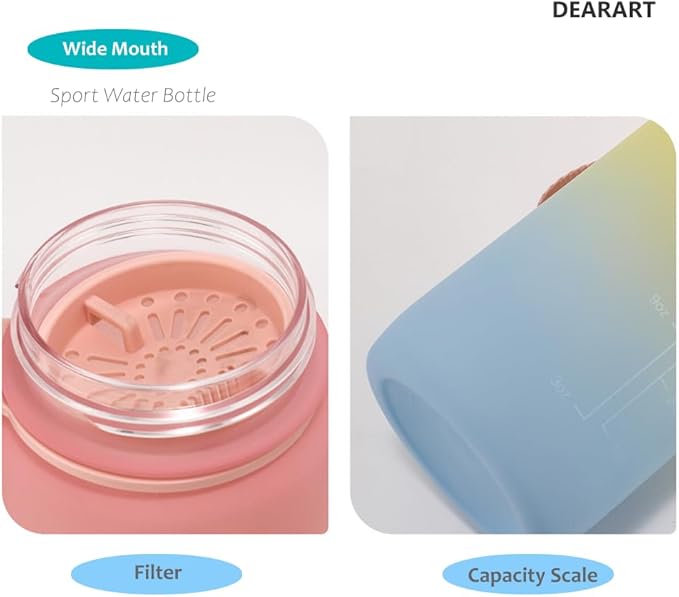 DEARART 32oz Multi Pink Water Bottle, Detachable Straw Wide Mouth Motivational & Time Marker with Handle Easy Carried, Flip Up Lid Lock Feature, Suit Travel Office Yoga Gym School Work etc.