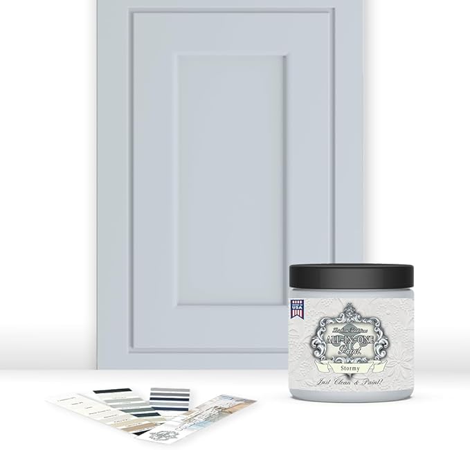ALL-IN-ONE Paint, Durable cabinet and furniture paint. Built in primer and top coat, no sanding needed. Includes our 30 featured color card - Stormy (pastel blue), 8oz Sample