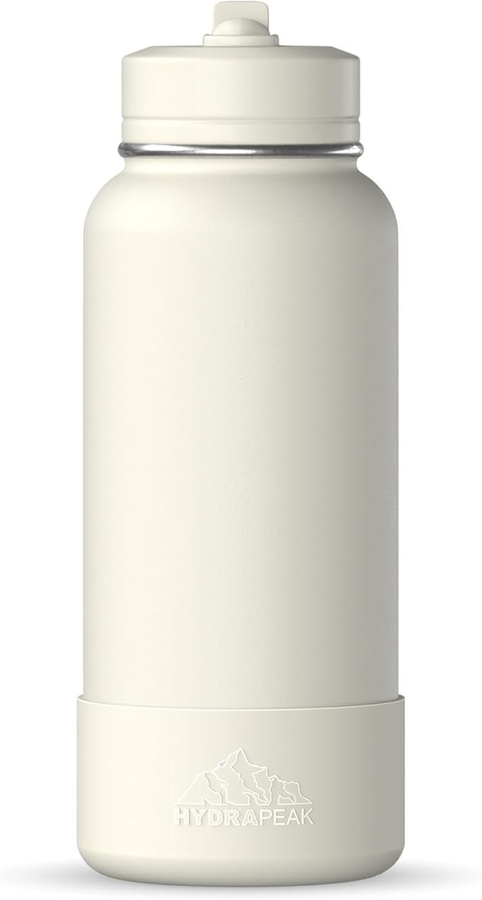Hydrapeak 32oz Sport Insulated Water Bottle with Straw or Chug Lid, Leak & Spill Proof, Keeps Drinks Cold for 24 Hours, Hot for 12 Hours, Premium Stainless Steel Water Bottles (32oz, Ivory)