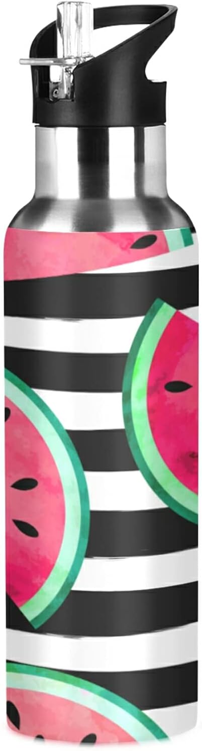 xigua Watercolor Watermelon Slices Stainless Steel Water Bottle with Straw, BPA Free Reusable Leakproof Water Jug for Fitness Camping Outdoor Sports