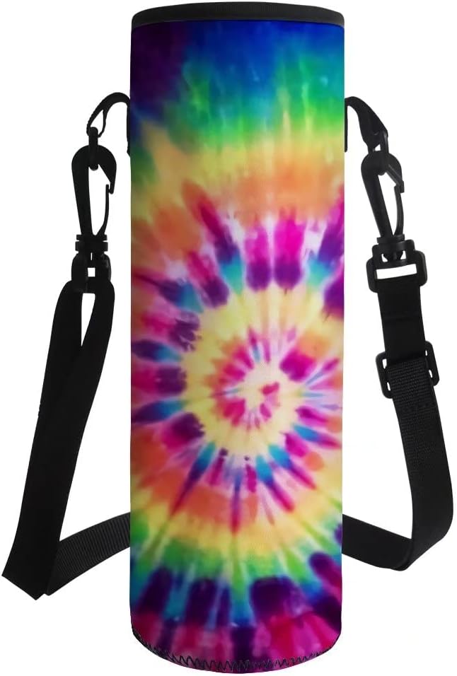 GIFTPUZZ Rainbow Tie Dye Water Bottle Carrier Pocket Neoprene Durable Machine Washable Pull On Girls Boys Bottle Sleeve Holder for Glass Bottles Travel Outdoor Walking Hands Free 1000-1200ml Colored