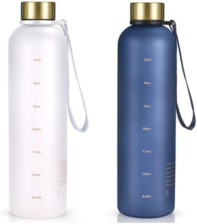 Fitness Sport Water Bottle with Carrying Strap 1000 ml / 32 oz With Time Marker Cute Motivational Water Bottles for Travel, Sports, Home, School,Gym,Yoga,Office-Multicolor (White)