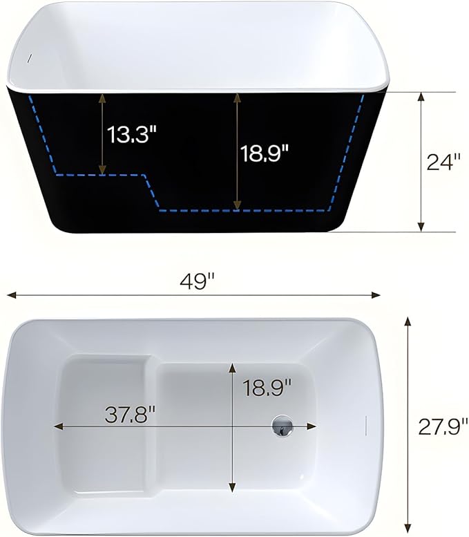 Acrylic Freestanding Bathtub, Soaking Tub with Seat, Toe-Tap Drain, Slotted Overflow, Deep Ergonomic Design, CUPC Certified, Black, 49"