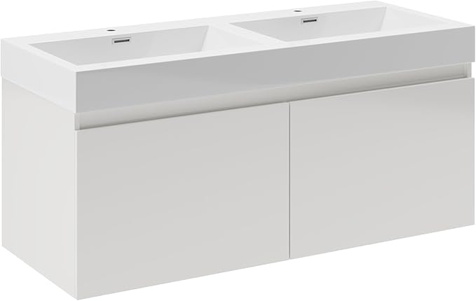 Fresca Mezzo 48 Inch White Wall Mount Modern Double Bathroom Vanity - Includes Double Integrated Sinks with 4 Soft-Closing Hidden Drawers - Faucets Not Included - FCB8012WH-I